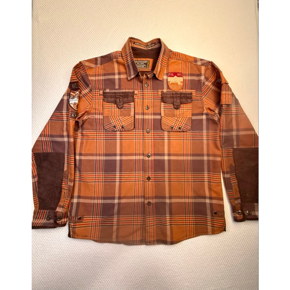 Men's Parish Nation L Brown Orange Plaid Casual Button Down Shirt